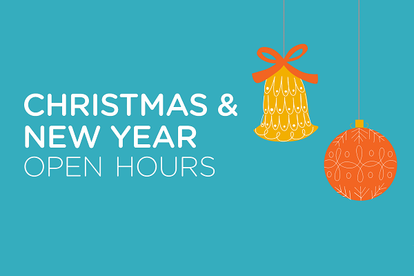 Text of Christmas and new year open hours with graphics of Christmas ornaments